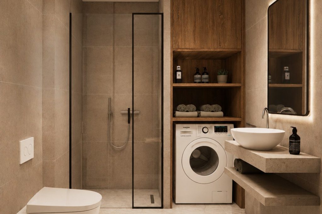 Walk-in shower, wall-hung WC and the cabinet concealing the washing machine