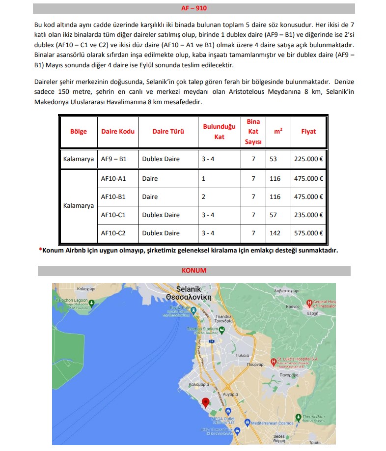 Selanik deniz kenarında bulunan Kalamaria bölgesininde karşılıklı iki binada bulunan toplam 5 daire söz konusudur.